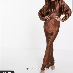 ASOS DESIGN satin batwing bias cut maxi dress in chocolate